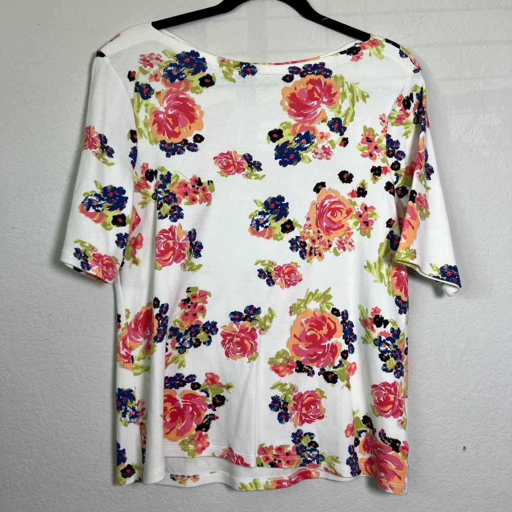 Charter‎ Club Floral Tee M White Pink Womens Cottagecore Pima Cotton Boat Neck